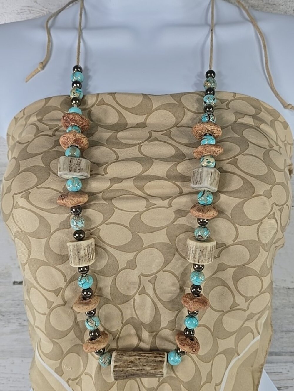 Handmade Tribal Boho Necklace Turquoise Beads Bone Horn Discs Rustic Natural....